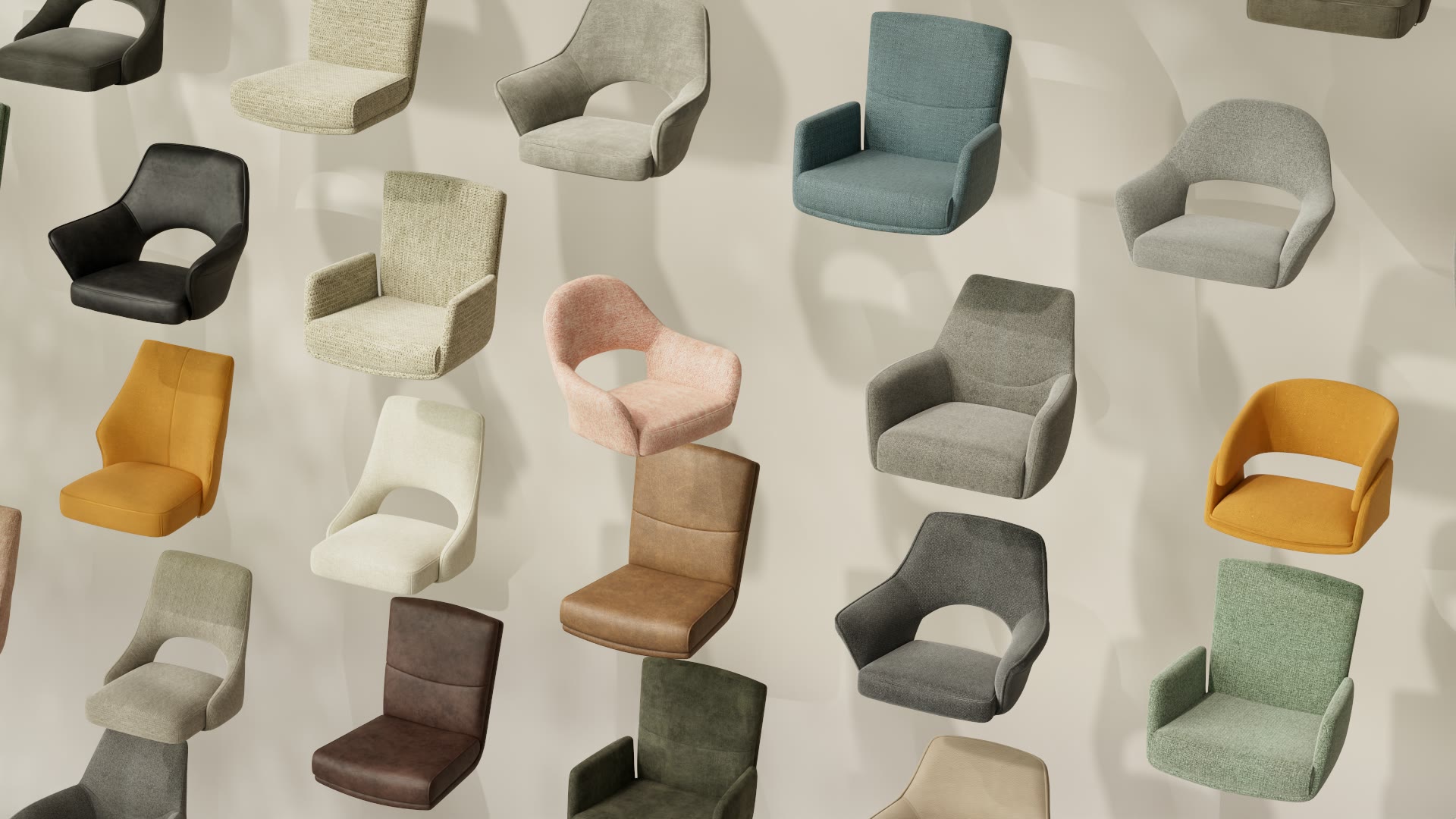 Tientallen stoelen in verschillende kleuren en vormen, van bovenaf.