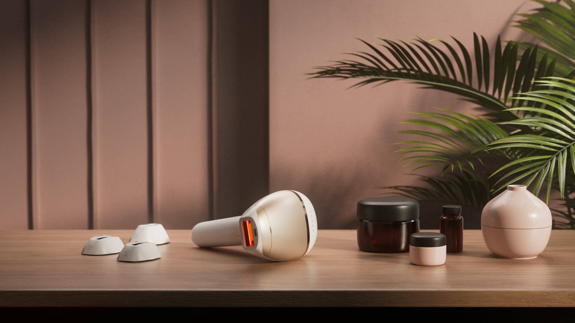 Het apparaat op een houten plank in een roze interieur.