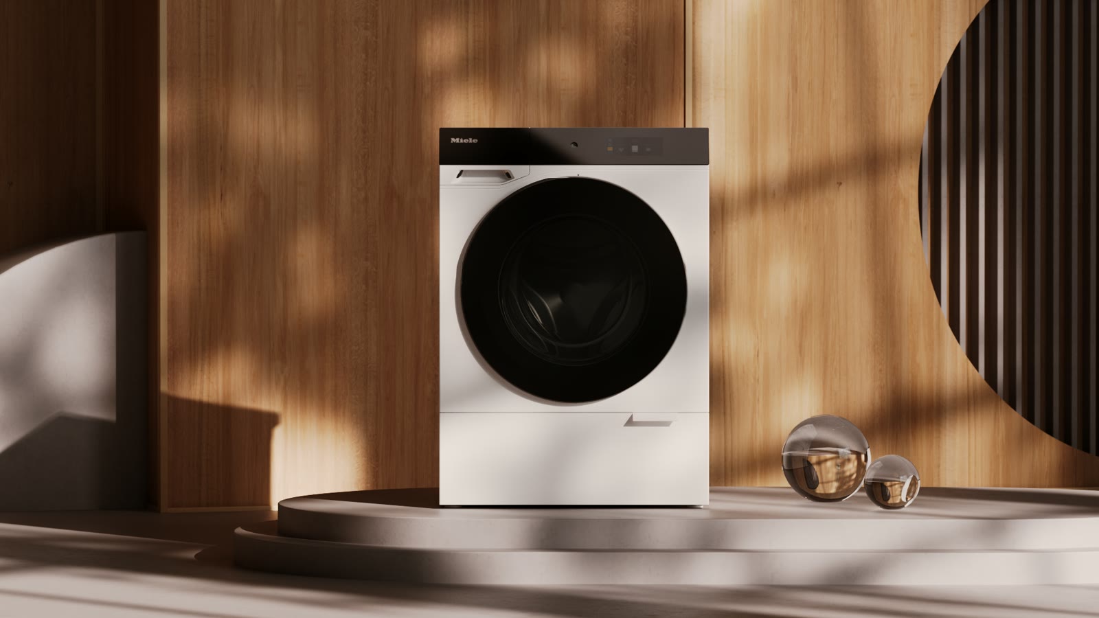 Een Miele-wasmachine op een podium in een interieur van houten lamellen.