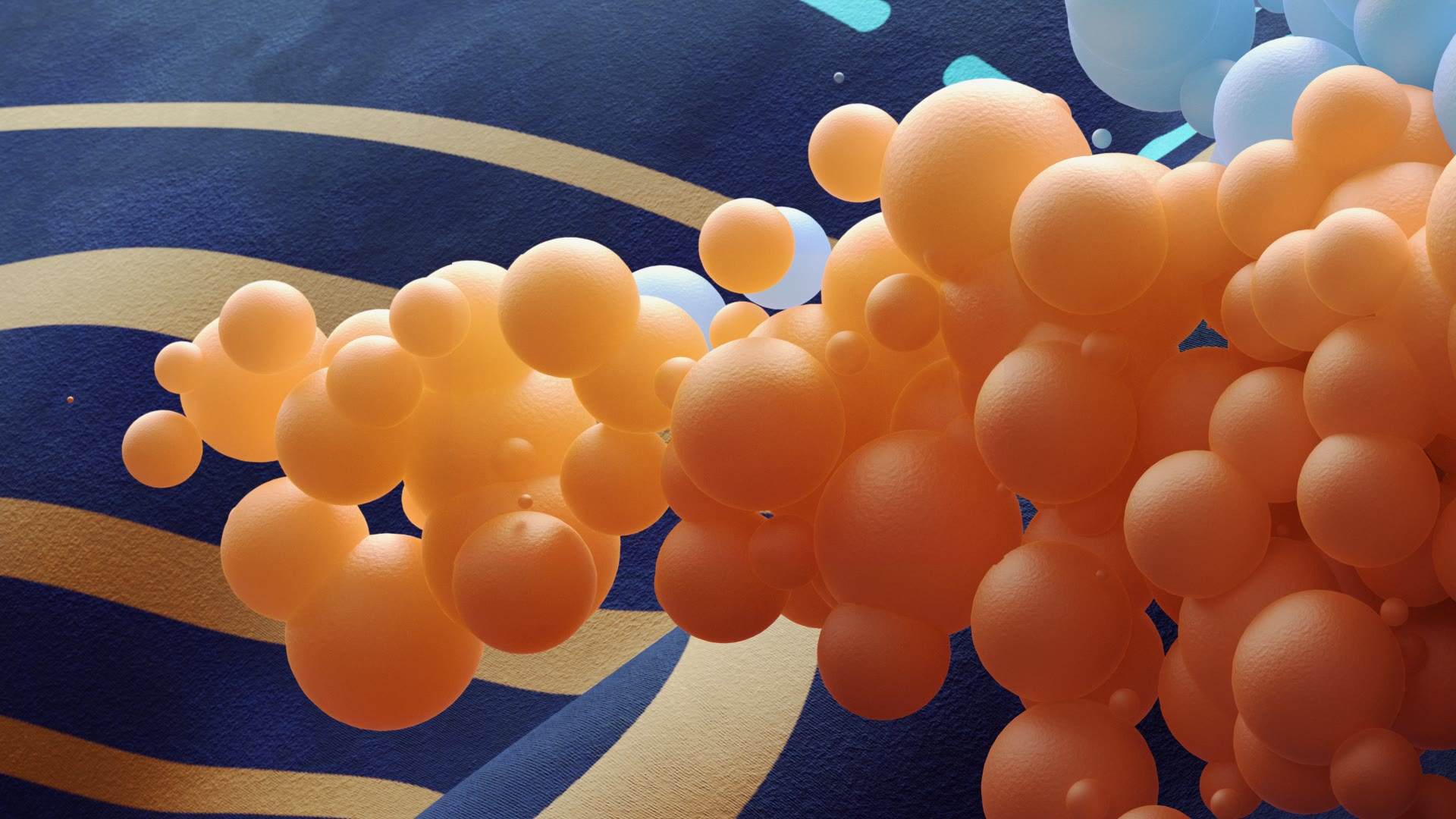 Een stroom oranje bolletjes boven gouden lijnen.