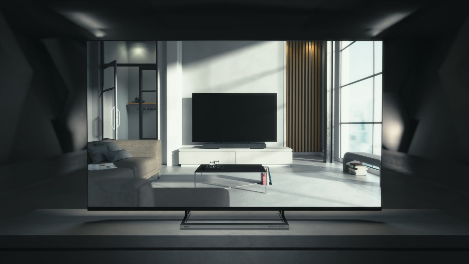 De televisie in een lichte woonkamer, nog uit.
