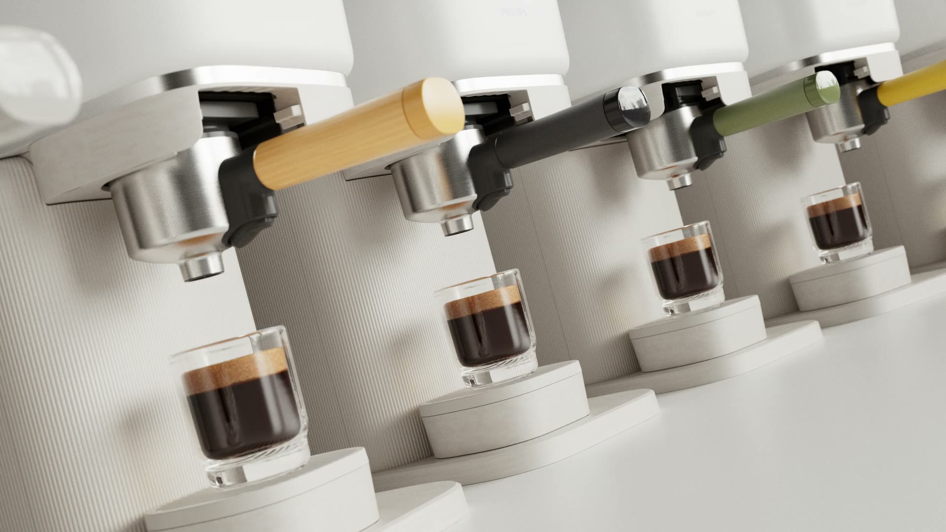 Drie machines zetten tegelijk espresso.